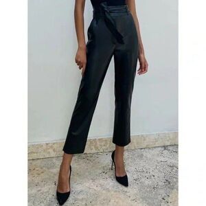 Babaton x Aritzia Vegan Leather Belted Pants Tie Front Cropped High Rise Black 6